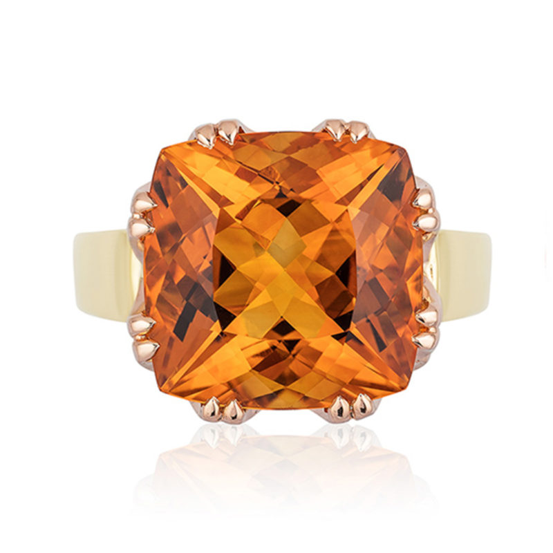 This "Trellis" ring features a 5.0 carat Citrine (10.4 mm cushion-cut) set in 18-karat rose gold basket with 18-karat yellow gold shank.