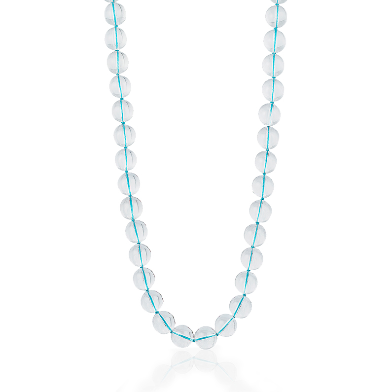 Bead necklace consisting of 38 pieces of 16-mm Rock Crystal (N) strung on knotted turquoise thread; 24 inches long.