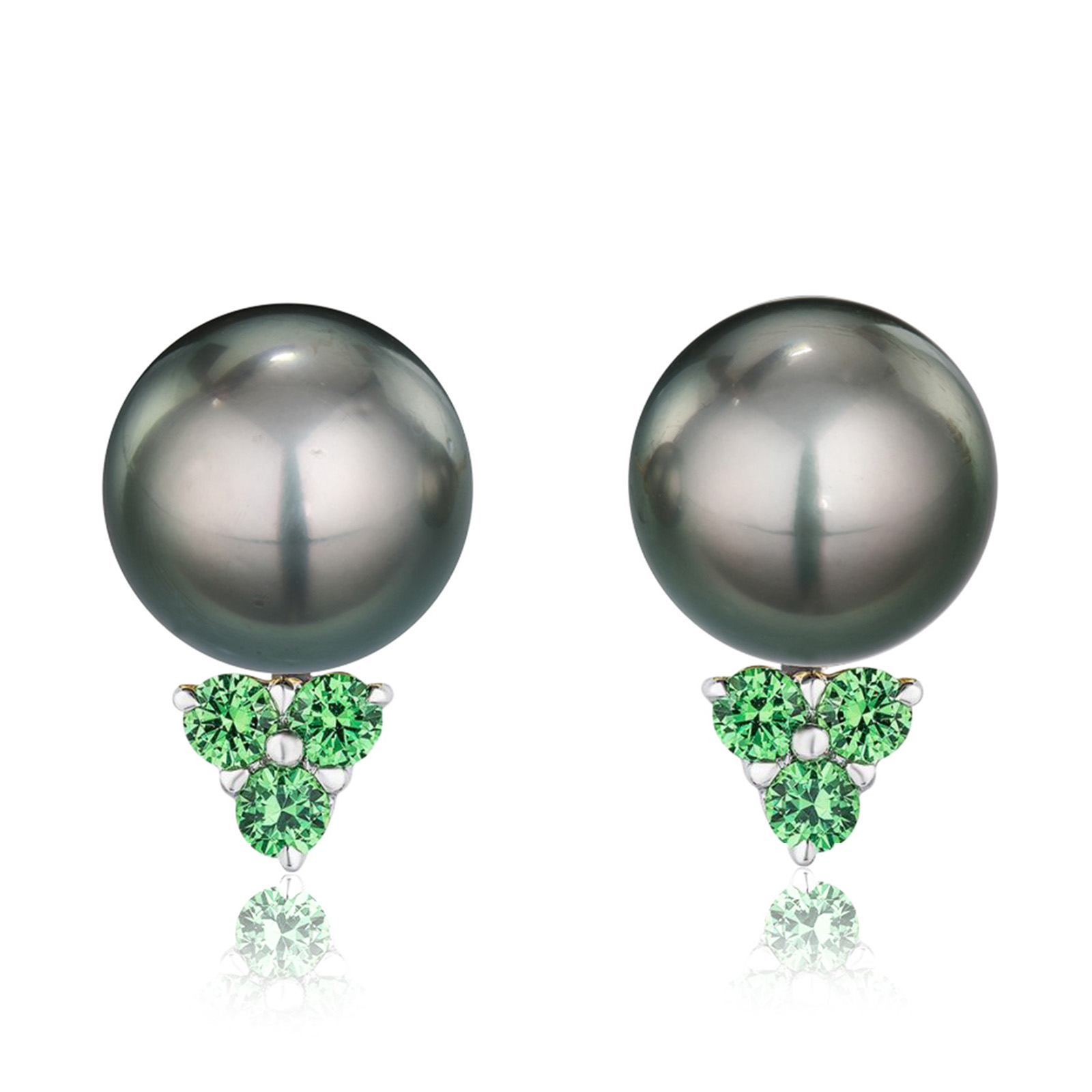 Tsavorite Garnet Jackets for 12-13 mm pearls in 18 karat white gold featuring six round tsavorite garnets weighing a total of approximately 0.66 carats.
