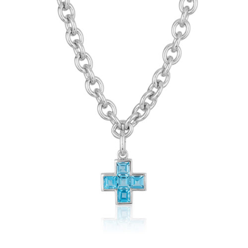 Five Stone Cross" pendant featuring five Blue Topaz weighing a total of 4.22 carats set in 18 karat white gold.