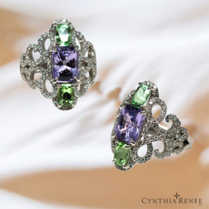 Lavendar-spinel,-green-garnets-round-diamonds-set-in-palladium-ring-by-cynthia-renee