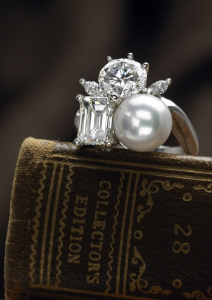 Round-and-Emerald-Cut-Diamonds-with-Pearl-Custom-Ring-by-Cynthia-Renee