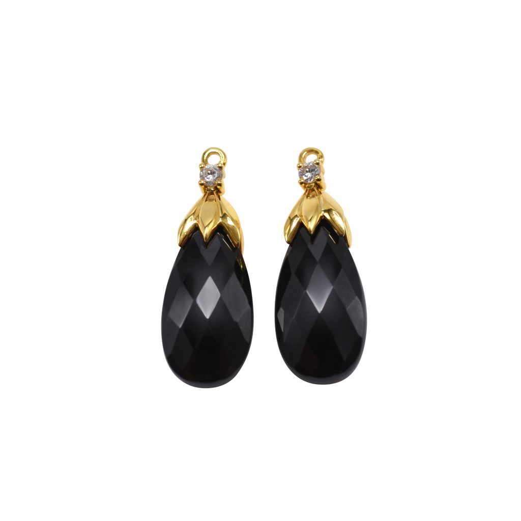 Sepal Gem Drops in 18 karat yellow gold featuring 23.52 carats Black Spinel faceted briolettes accented by pair of 0.14 carat round diamonds.
