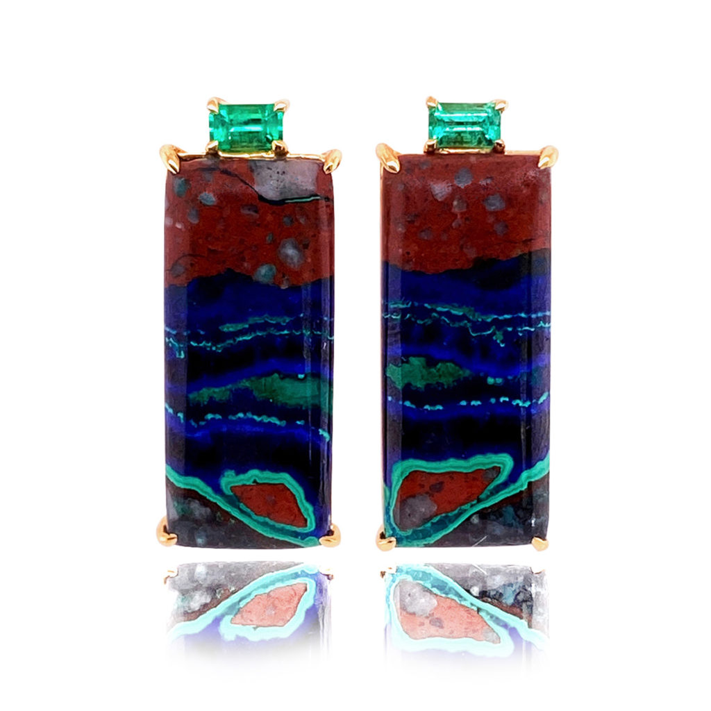 Gia earrings in 18 karat white gold featuring natural Azurite-Malachite accented by a pair of glowing Emeralds.