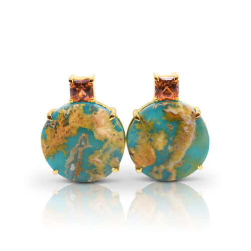 Gia earrings in 18 karat yellow gold featuring a 14.36 carat pair of "Coral Sea Turquoise" accented by a 2.16 carat pair of Bronze Zircon from Tanzania.