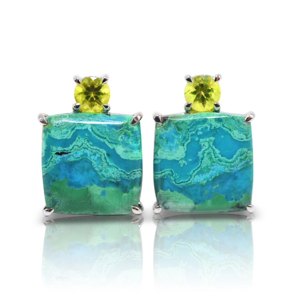 Gia earrings in 18 karat white gold featuring natural Chrysocolla-Malachite accented by a pair of shining Peridot.