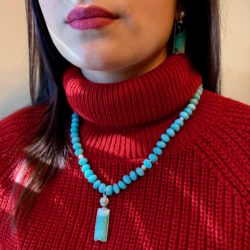 Crescent Pendant in Opalized Wood, pearl and 18 kt white gold