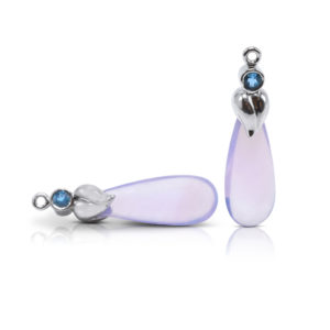 Leaf motif Gem Drops in 18 karat white gold featuring 17.77 carats Lilac Quartz smooth briolettes accented by pair of 0.25 carat Blue Zircon.