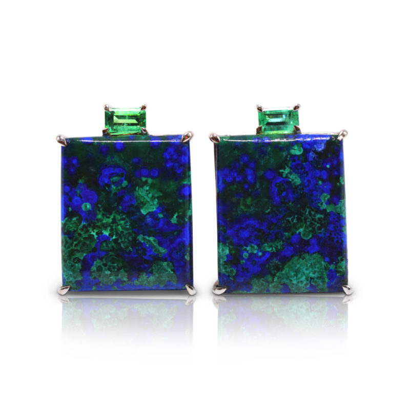 Gia earrings in 18 karat white gold featuring natural Azurite-Malachite accented by a pair of glowing Emeralds.
