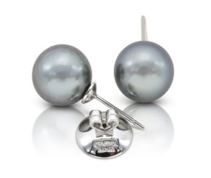 Pair of Black-Silver Tahitian Pearl earrings, size 12.7 mm, on 18 karat yellow gold removable "Progressive Pearl" posts with 12 mm parabolic friction backs.
