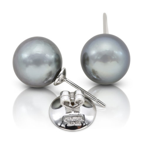 Pair of Black-Silver Tahitian Pearl earrings, size 12.7 mm, on 18 karat yellow gold removable "Progressive Pearl" posts with 12 mm parabolic friction backs.
