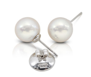Pair of White South Sea Pearls, 12.3 mm, on 18 kt white gold removable "Progressive Pearl" posts with 12-mm parabolic friction backs.