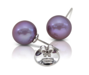 Pair of Purple Freshwater Pearls, 12x13 mm, on 18 karat yellow gold removable "Progressive Pearl" posts with 12 mm parabolic friction backs; natural color.