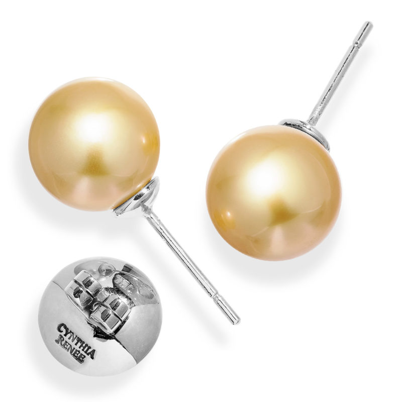 Pair of Golden South Sea Pearl earrings, size 11.4x11.7 mm, on 18 karat white gold removable "Progressive Pearl" posts with 12mm parabolic friction backs.