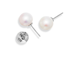 Pair of White Freshwater Pearls, 12-12.5 mm, on 18 karat white gold removable "Progressive Pearl" posts with 12 mm parabolic friction backs.