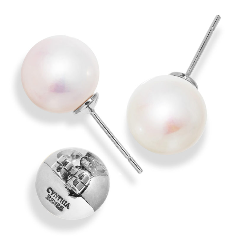Pair of White Freshwater Pearls, 12.3 mm, on 18 kt white gold removable "Progressive Pearl" posts with 12-mm parabolic friction backs.