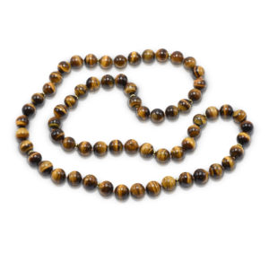 Bead Necklace consisting of 65 pieces of 12-mm Tiger's Eye smooth round beads knotted on brown thread with 13-20 karat yellow gold over silver saucer beads; continuous strand - no clasp.