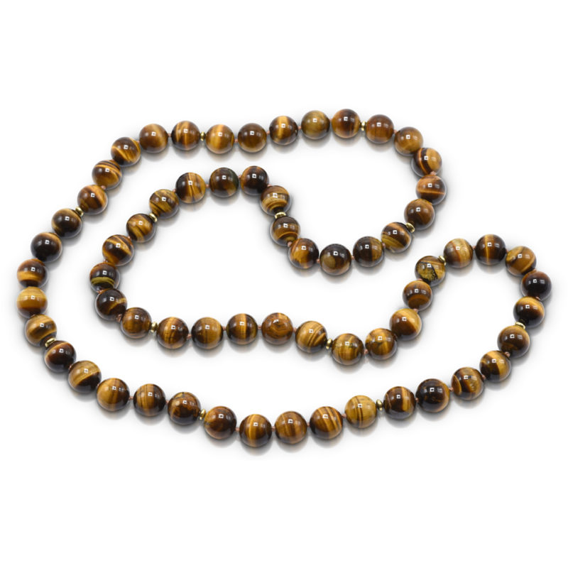 Bead Necklace consisting of 65 pieces of 12-mm Tiger's Eye smooth round beads knotted on brown thread with 13-20 karat yellow gold over silver saucer beads; continuous strand - no clasp.