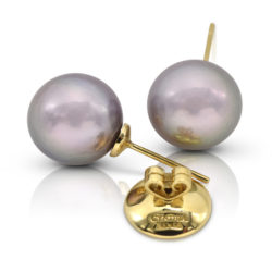 Pair of Pinkish-Purple Freshwater Pearls, 12x13 mm, on 18 karat yellow gold removable "Progressive Pearl" posts with 12 mm parabolic friction backs; natural color.
