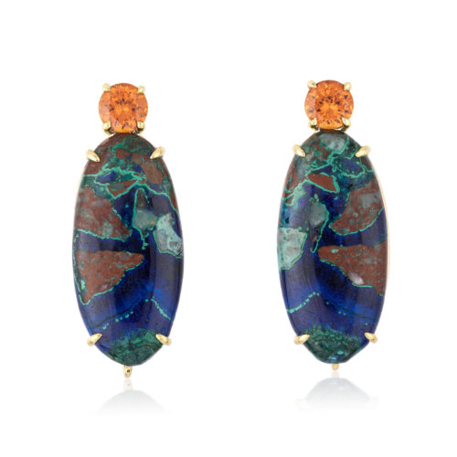 "Gia" earrings in 18 karat yellow gold featuring natural Azurite-Malachite accented by a pair of spicy Spessartite Garnet.