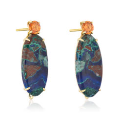 "Gia" earrings in 18 karat yellow gold featuring natural Azurite-Malachite accented by a pair of spicy Spessartite Garnet.