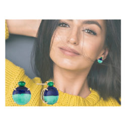 "Gia" earrings in 18 karat rose gold featuring natural Azurite-Malachite accented by a pair of glowing Emerald cabochons.