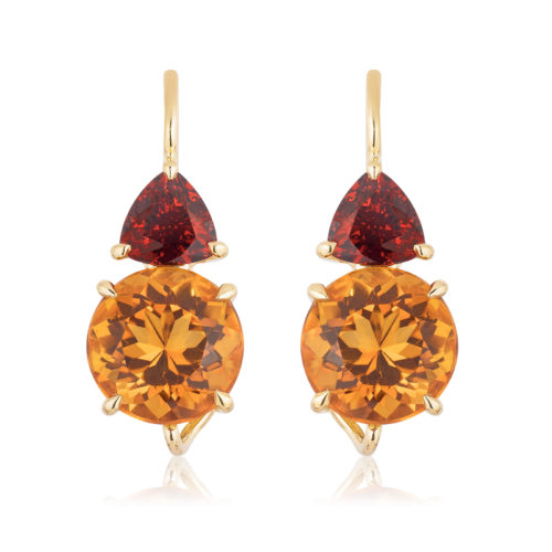Swan-neck "Double Drop" earrings in 18 karat yellow gold featuring a 5.39 carat pair of Citrine (9-mm round) accented by a 1.64 carat pair of Spessartite Garnet.