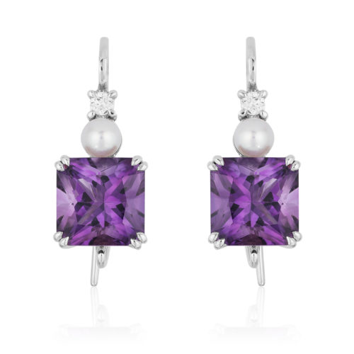 Triple Gem "Swan-neck" Earrings in 18 karat white gold featuring 6.03 carats pair of Amethyst accented by 4.5-mm white Akoya pearls and 0.12 carats of diamonds.