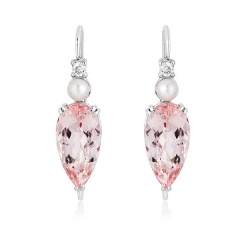 Triple Gem "Swan-neck" Earrings in 18 karat white gold featuring 7.86 carats pair of pear-shaped Morganite accented by 4.5-mm white Akoya pearls and 0.15 carats of diamonds.