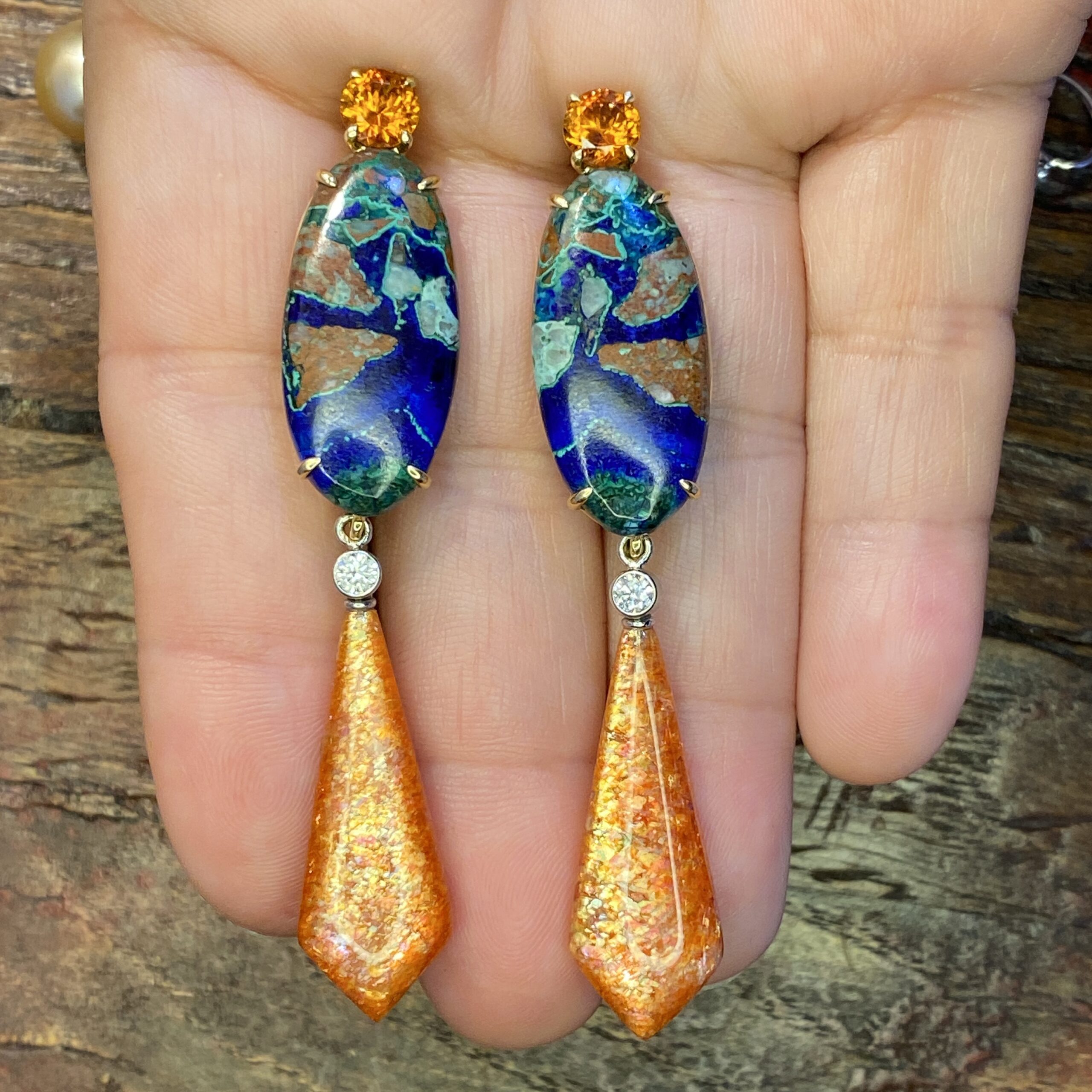 Gia earring with Azurite-Malachite and Spessartite Garnet with removable Sunstone Drops