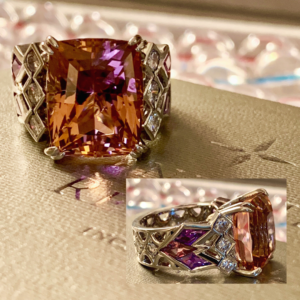 Full Custom Design Ring by Cynthia Renee in 950-palladium featuring 14.46 ct. Pink Tourmaline accented by six kite-shaped multi-colored sapphires and diamonds.