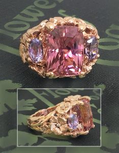palladium featuring 14.46 ct. Pink Tourmaline accented by six kite-shaped multi-colored sapphires and diamonds