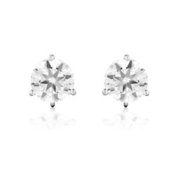 Three-prong 18 karat white gold stud featuring 8.0-mm cubic zirconia weighing a total of 6.40 carats with heavy 8-mm friction back.