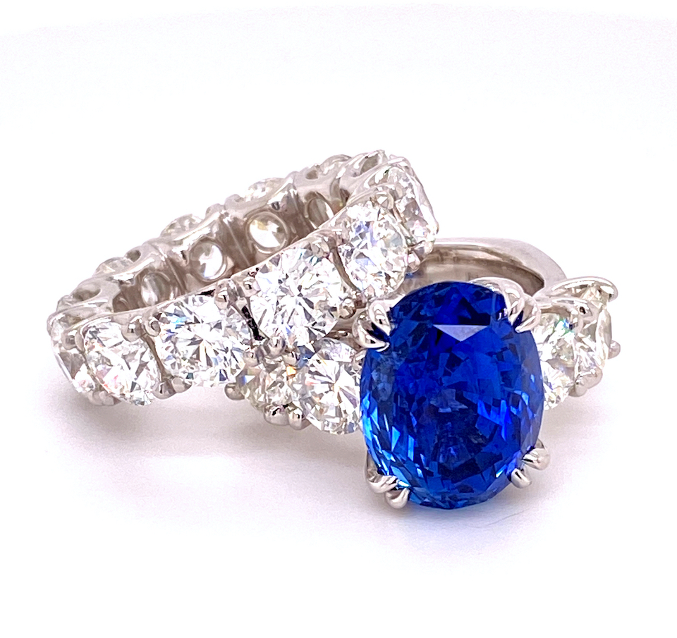 Diamond eternity band and ring featuring Blue Sapphire