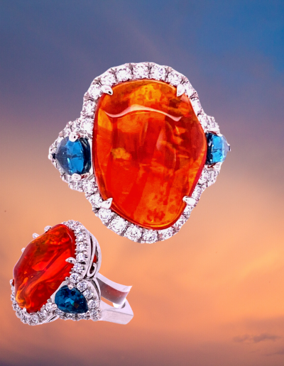 Custom Ring Design Platinum Blue Zircon Mexican Fire Opal