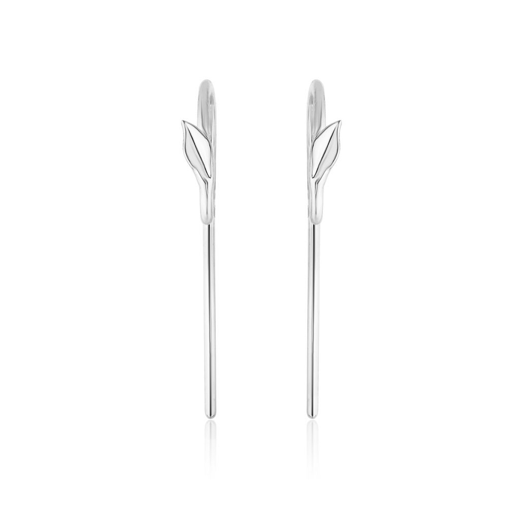 Handmade pair of swan neck earring wires with a leaf motif in 18 karat white gold.