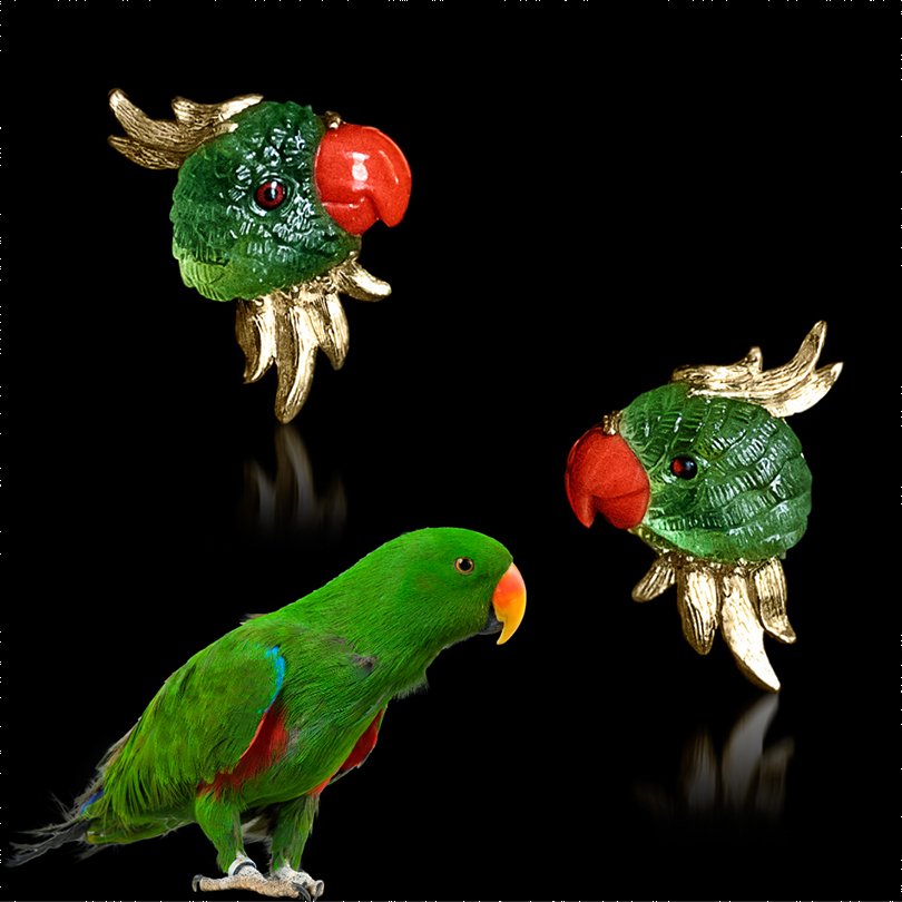 Handcarved Parrots from natural Peridot and Coral