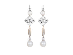 Triple Gem "Swan-neck" Earrings in 18-karat white gold featuring 18.27 carat pair of cushion-shaped White Topaz (Brazil-N) Triple Drop White topaz, Pearl and Diamond Swan Neck Earrings accented by Pea Pod White Pearl