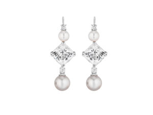Triple Gem "Swan-neck" Earrings in 18-karat white gold featuring 18.27 carat pair of cushion-shaped White Topaz (Brazil-N) Triple Drop White topaz, Pearl and Diamond Swan Neck Earrings accented by White Pearls