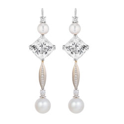 Triple Drop White topaz, Pearl and Diamond Swan Neck Earrings
