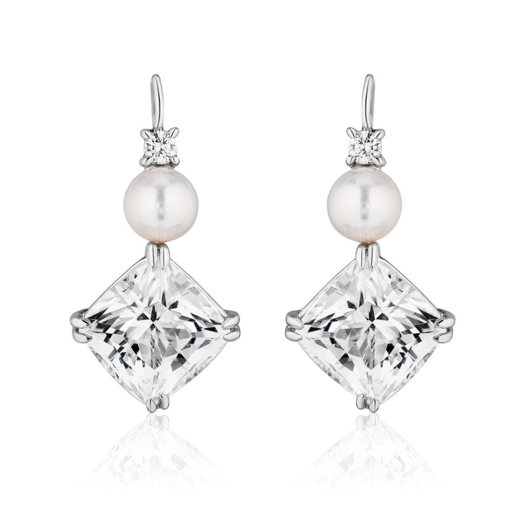 Triple Drop White topaz, Pearl and Diamond Swan Neck Earrings