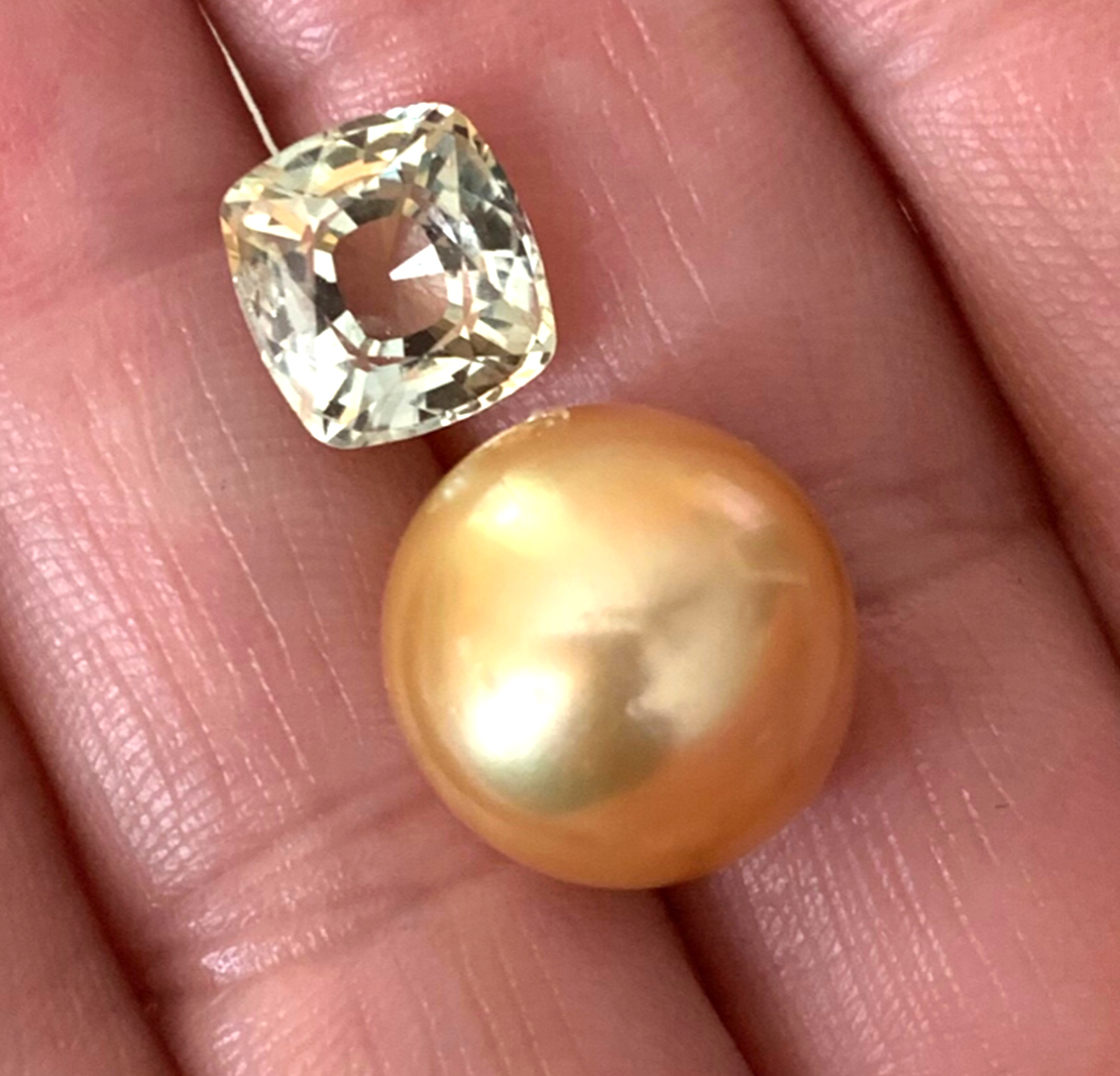 Golden Pearl and recut pastel Sapphire
