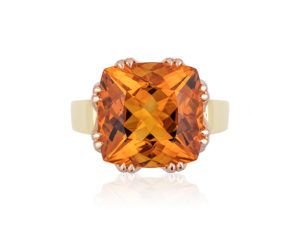This "Trellis" ring features a 5.0 carats Citrine (10.4 mm cushion-cut) set in 18 karat rose gold basket with 18 karat yellow gold shank
