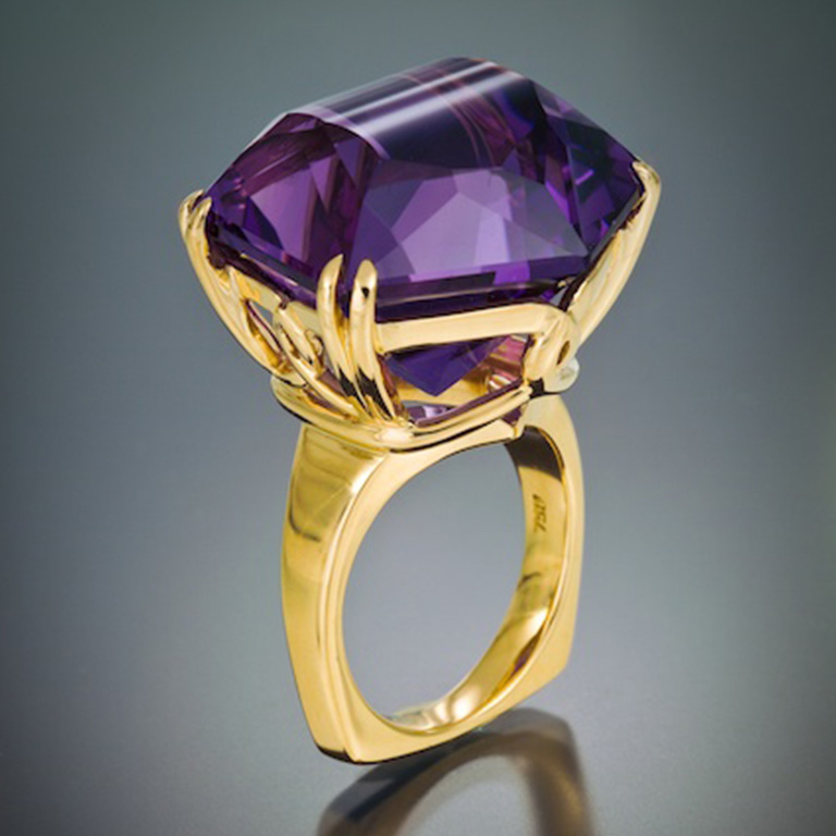 Amethyst "Knot" Ring. “Knot” ring in 18 kt yellow gold featuring 46.35 carat., fancy-cut Amethyst from Bolivia.