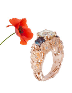 "Wild Poppies" Cynthia Renee Full Custom design ring in 14 karat rose gold featuring client's Old European diamond and synthetic alexandrites.