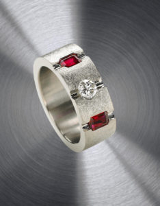 "Que Guapo!" Cynthia Renee ~ Full Custom Design Ring featuring Vietnamese rubies and customer's diamond set in palladium.