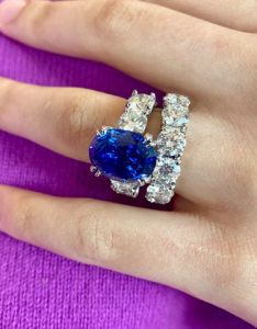 "Bright Baby Blue" ~ Cynthia Renee Full Custom Design platinum wedding set featuring engagement ring of 11.42 carat Blue Sapphire and 2.86 carats of diamonds and an extraordinary eternity band featuring 8.50 carats of diamonds.