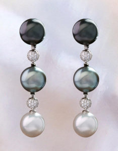 "Triple Drop Pearl" Cynthia Renee Full Custom Design Earring consisting of three pairs of 13 mm pearls: Tahitian Black, Tahitian Grey and Australian White with 1.74 carats of diamond accent, set in palladium, 18 karat white gold; pearls are removable and can be worn with a variety of Cynthia Renee Progressive Pearls interchangeable components.