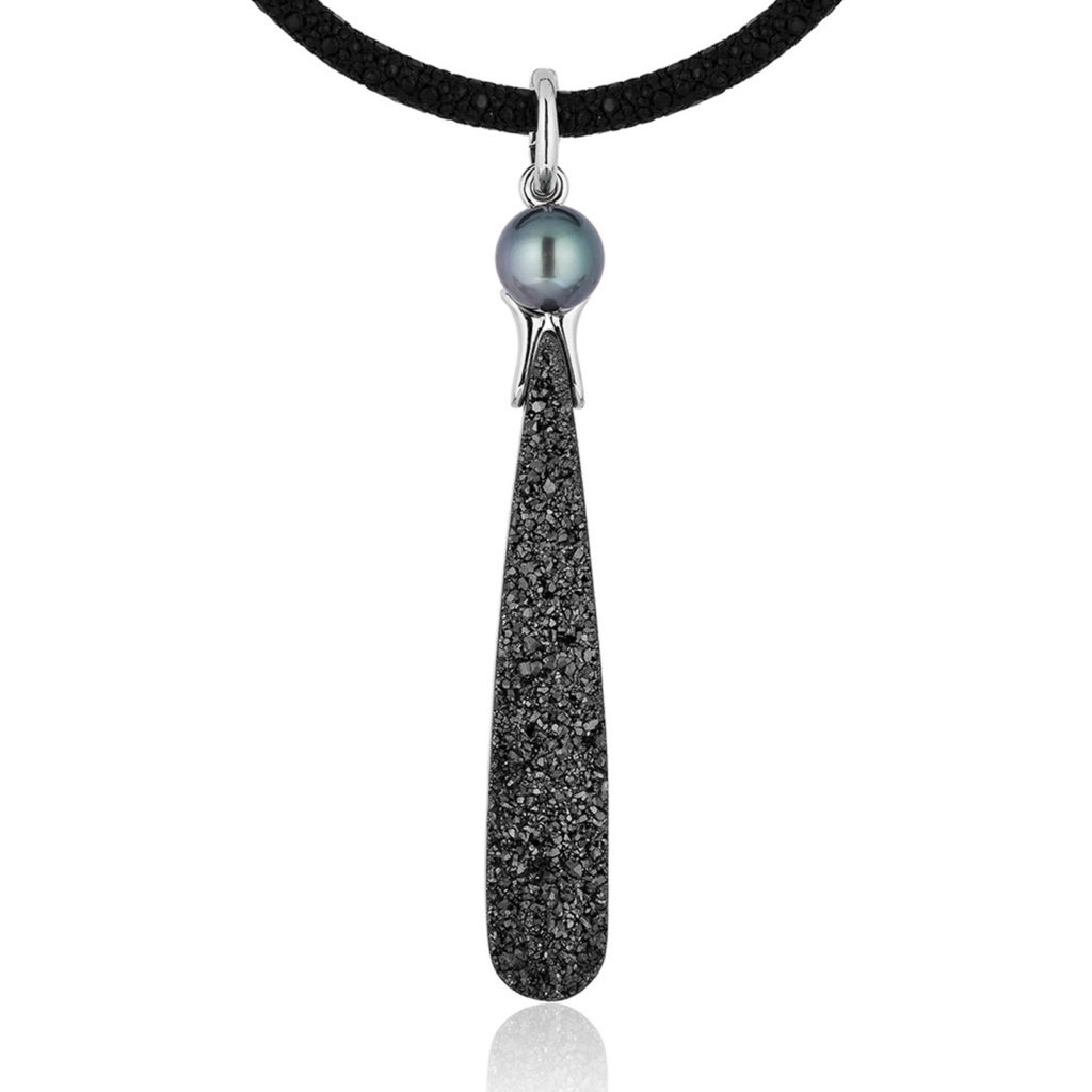 Black Druzy Agate Pendant with Tahitian Pearl