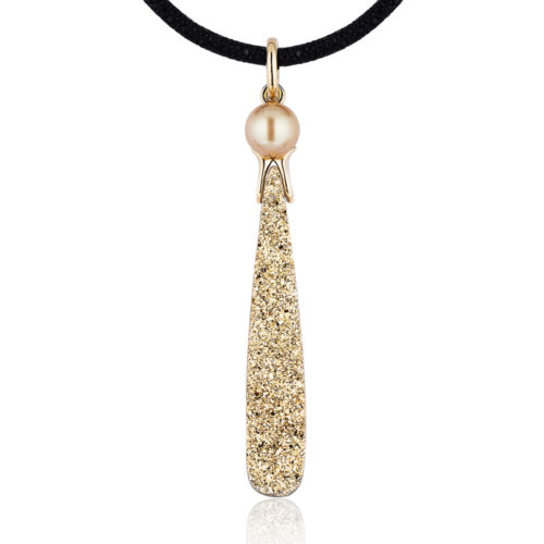 Gold Druzy Agate Pendant with Gold South Sea Pearl.